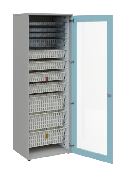 EUROMEDICA S - 66 skříň léková boxová, 1-dveřová/prosklená, pravá, 1950x660x535, korpus šedý, dvířka obloha